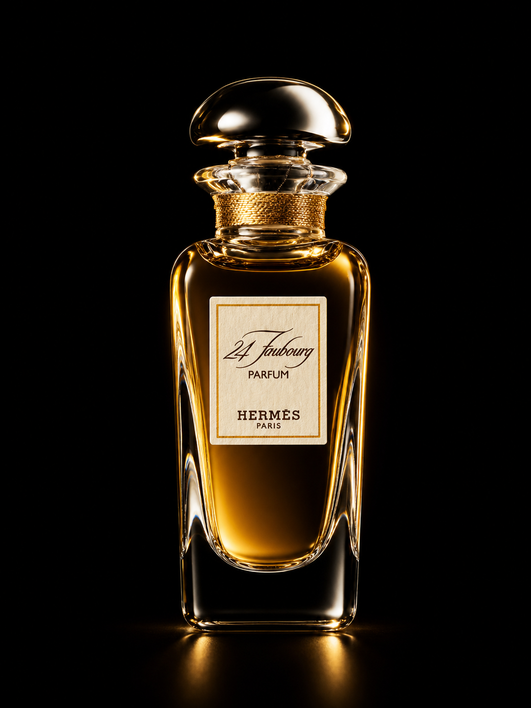 Flacon de parfum Hermès 24 Faubourg avec un look élégant en verre transparent doré et un bouchon en verre, sur un fond noir.