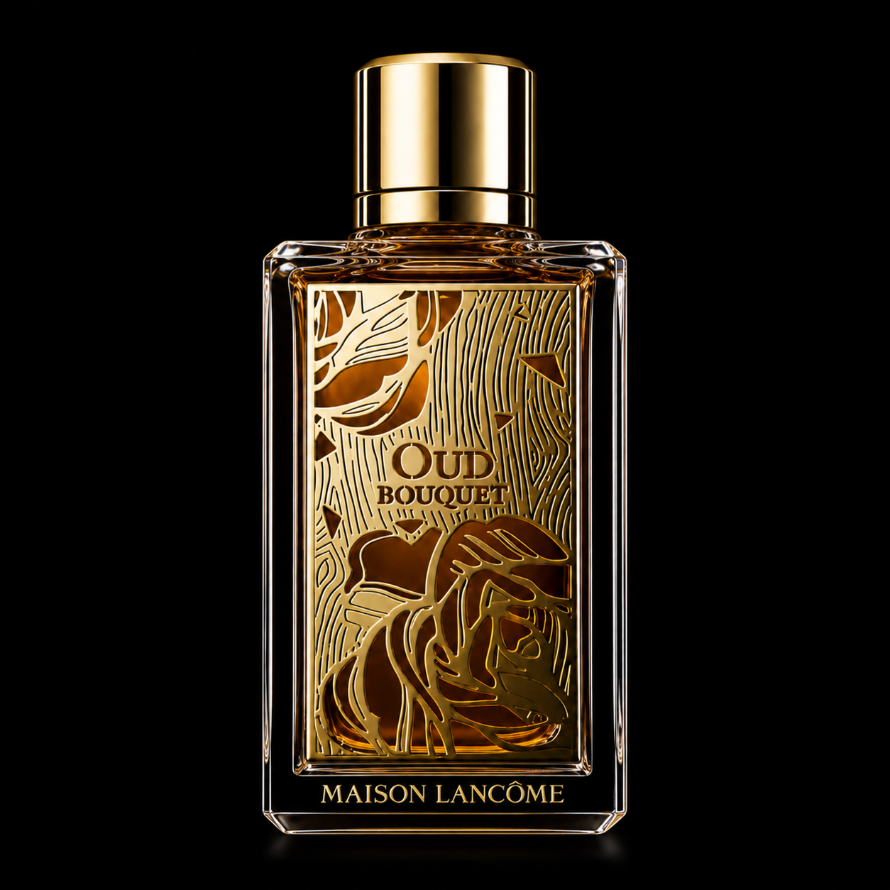 Flacon de parfum avec motif de feuilles et Lion, fond noir, texte 'OUD BOUQUET' et 'MAISON LANCÔME'.