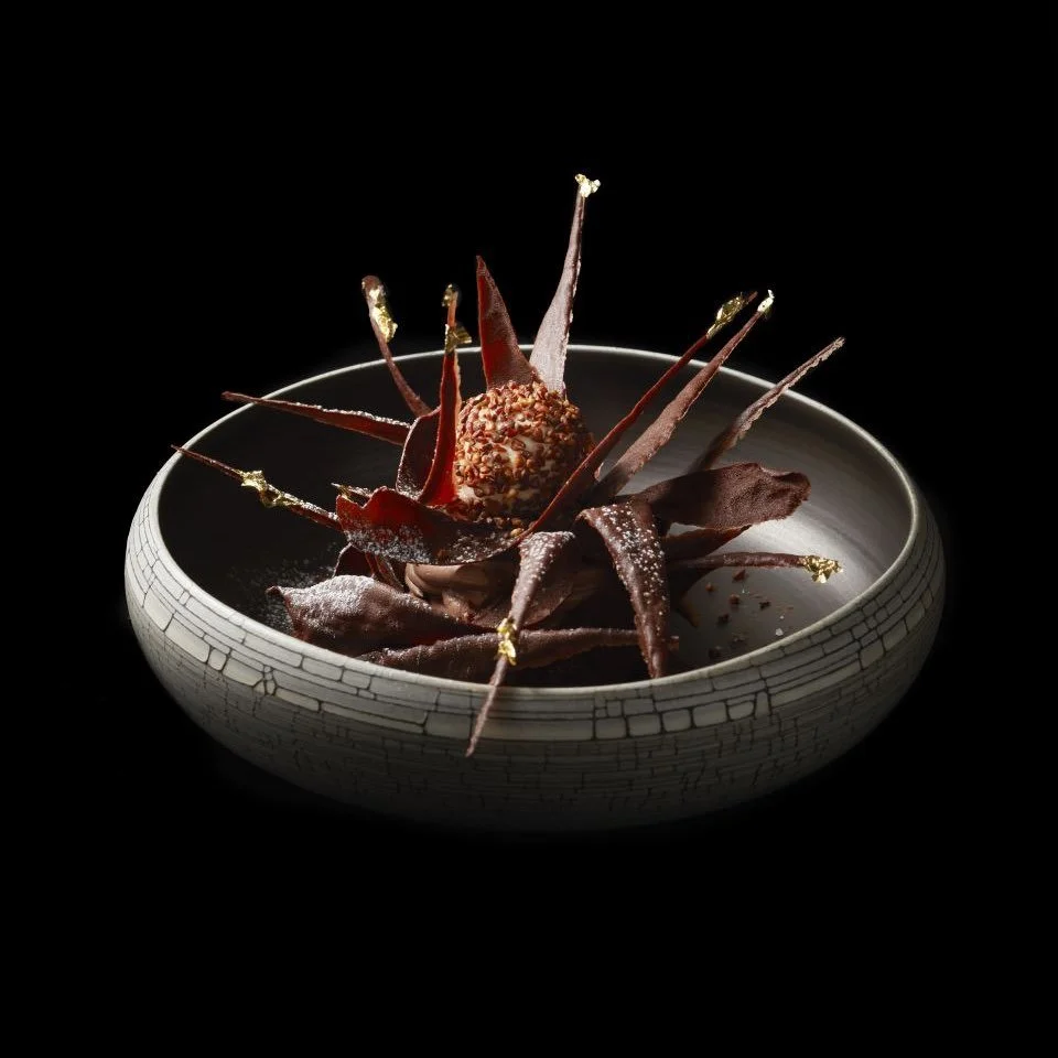 Un dessert chocolaté sophistiqué dans un bol blanc avec des décorations en chocolat et en or.