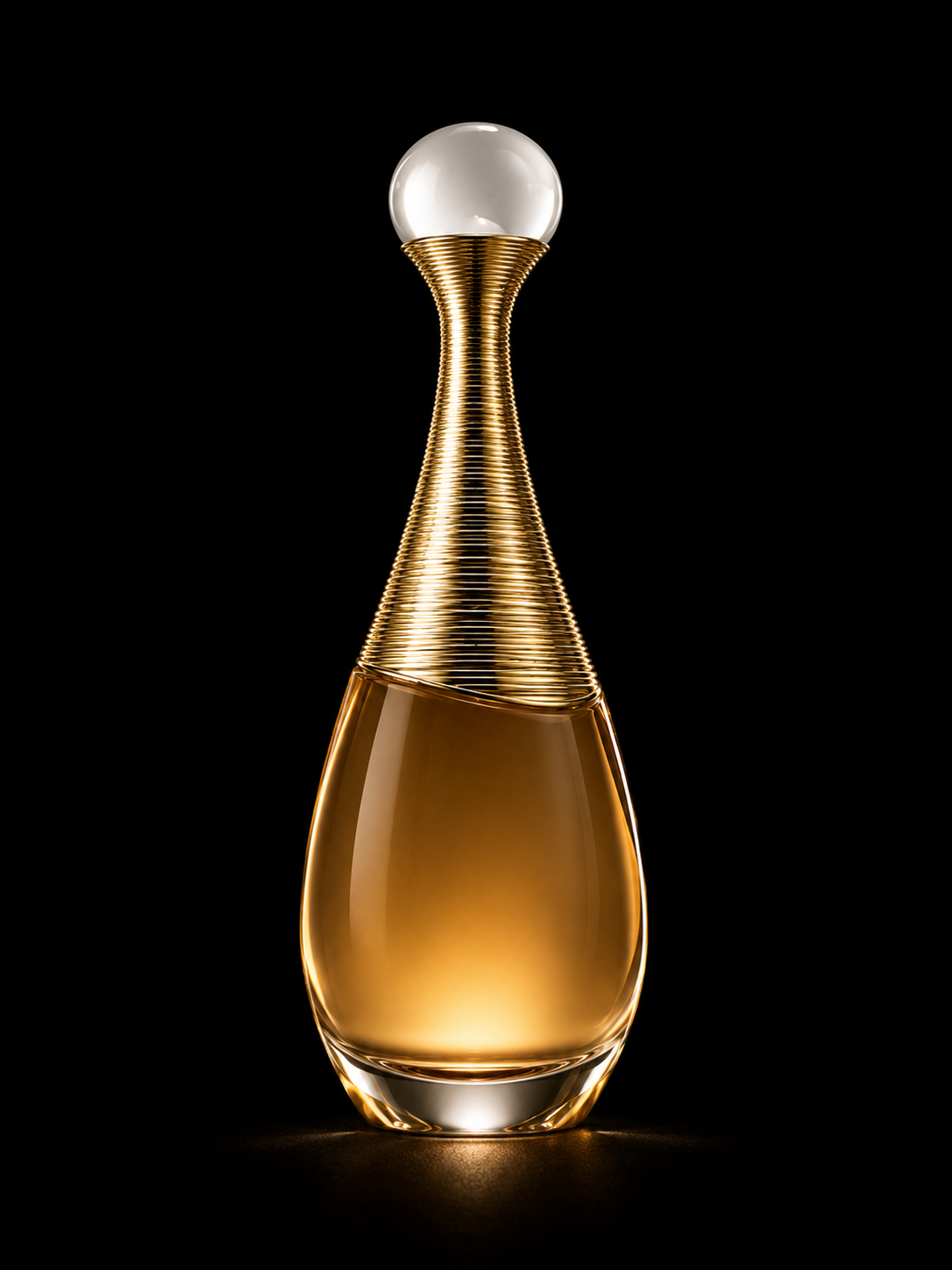 Flacon de parfum élégant en verre, avec un bouchon en verre sphérique, sur un fond noir.