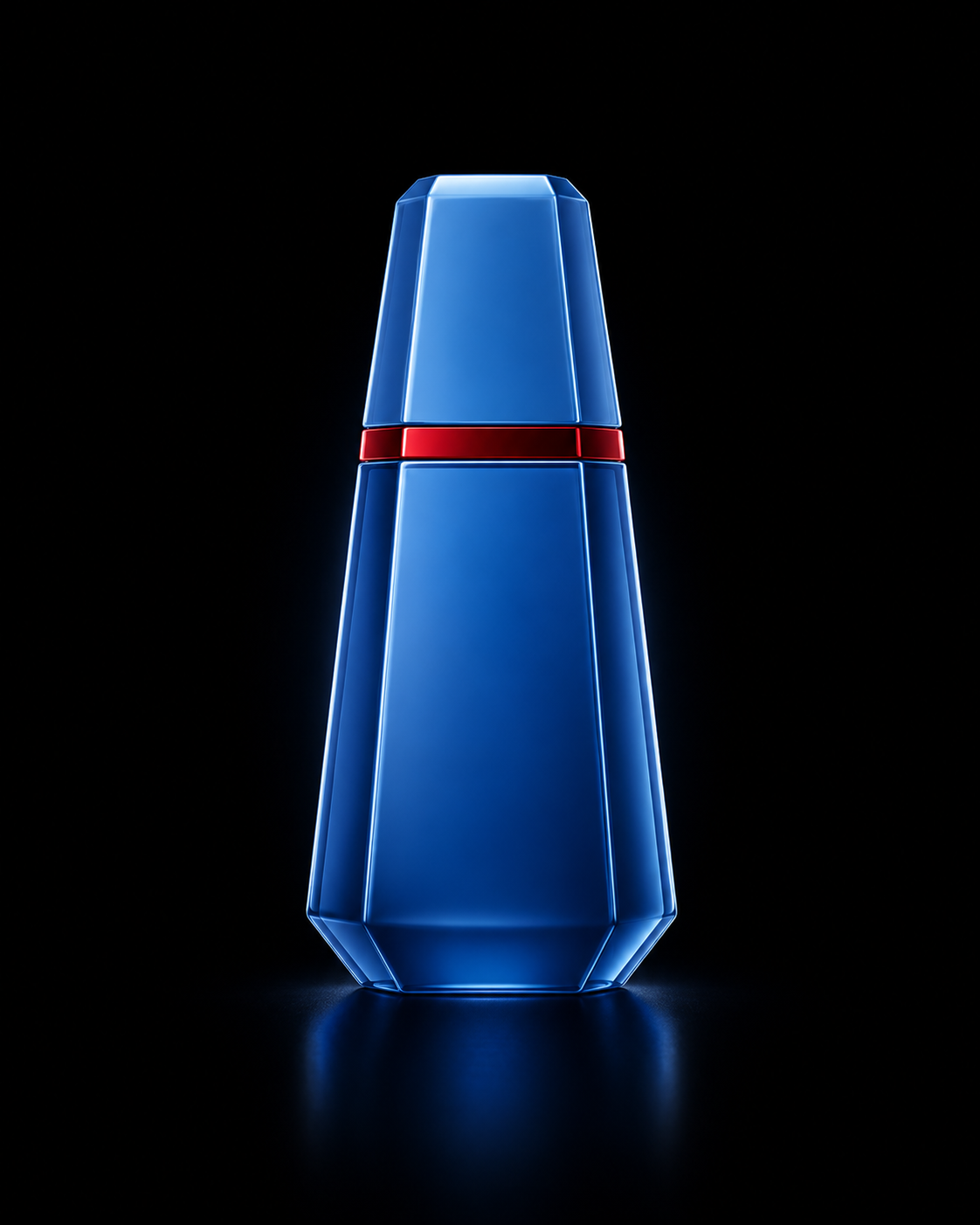 Une bouteille d'un parfum ou d'une crème en plastique de couleur bleue avec une bande rouge, sur un fond noir.