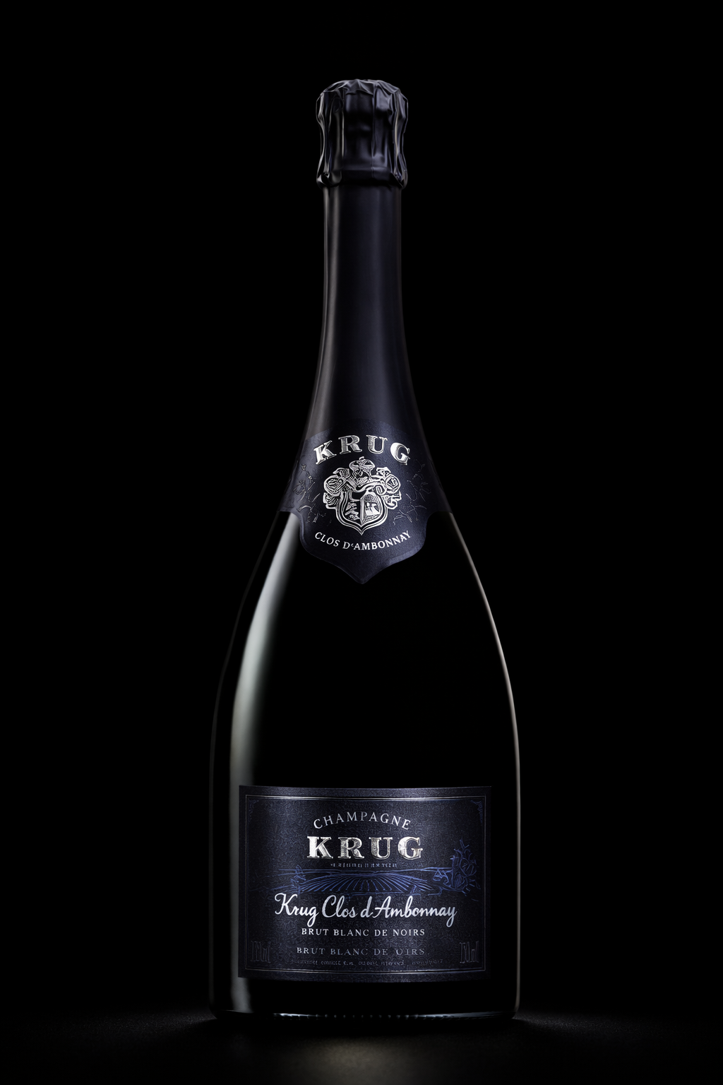 Bouteille de champagne Krug Clos d'Ambonnay, emballage noir, avec un fond noir