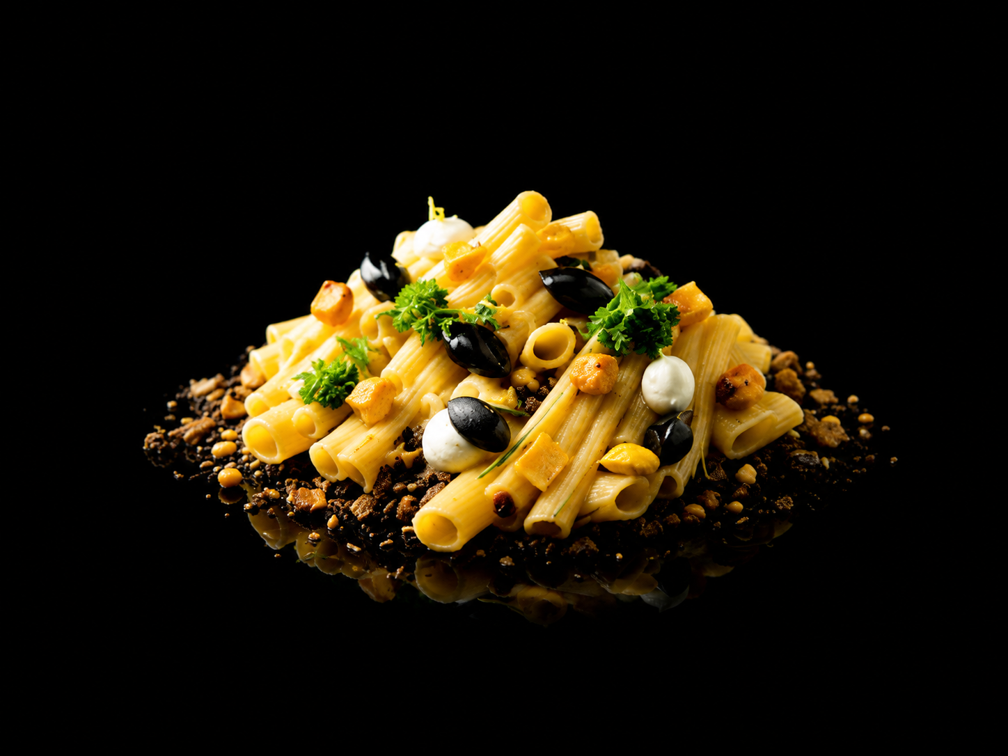 Plate de pâtes cuites avec garnitures de câpres, olives noires, herbes et sauce, posée sur un fond noir