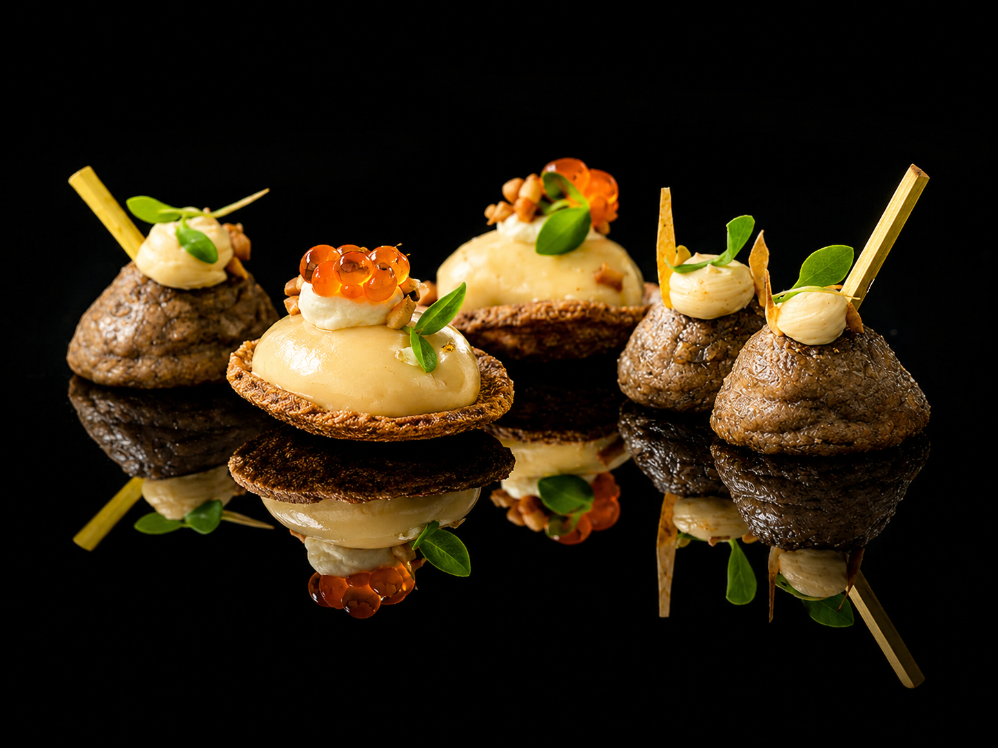 Assortiment de canapés gastronomiques avec divers ingrédients, présentés sur une surface noire.