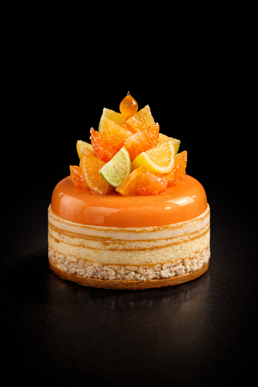 Gâteau décoré de morceaux d'agrumes et d'une goutte de caramel au sommet, avec un fond noir.