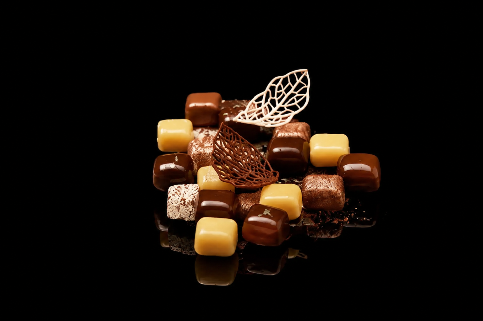 Mélange de pralines en chocolat brunes, blanches et dorées, décorées de feuilles en fil métallique