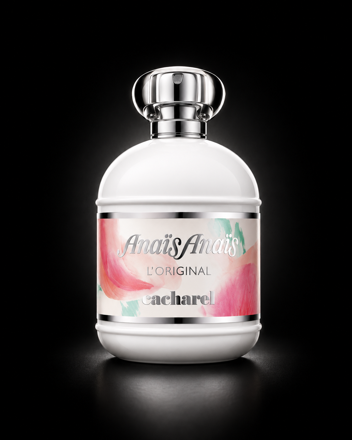 Bouteille de parfum blanche avec un étiquette à motifs floraux roses et verts, texte en français, sur fond noir.