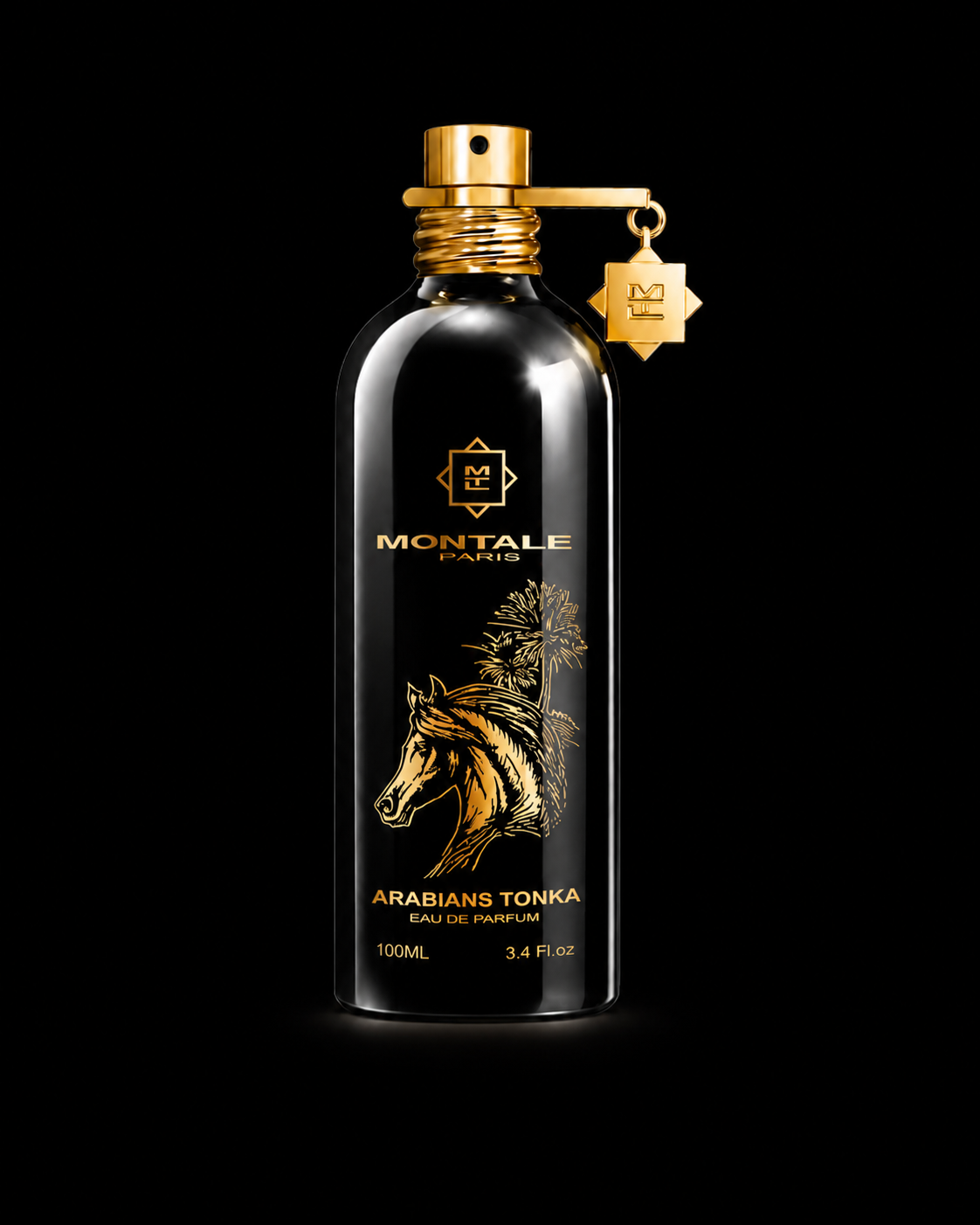 Parfum en flacon noir avec détails en or, logo Montalé Paris, illustration d'un cheval et d'un feu d'artifice, étiquette Arabians Tonka, 100ml, Eau de Parfum