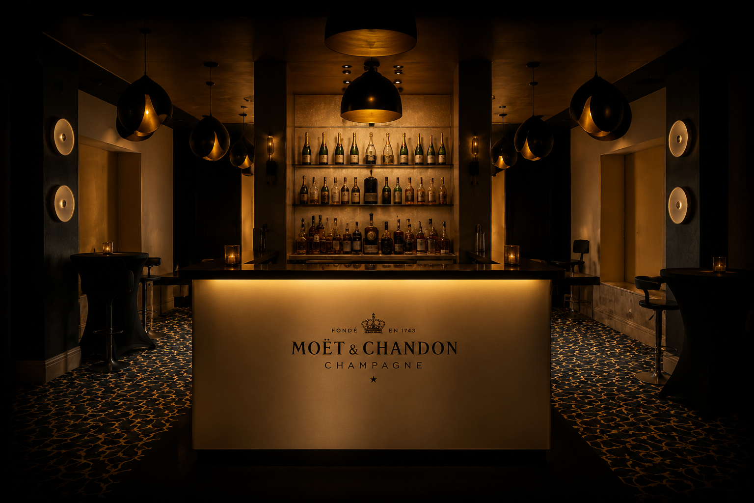Bar élégant avec bouteilles de champagne et luminaires noirs dans une ambiance chaleureuse.