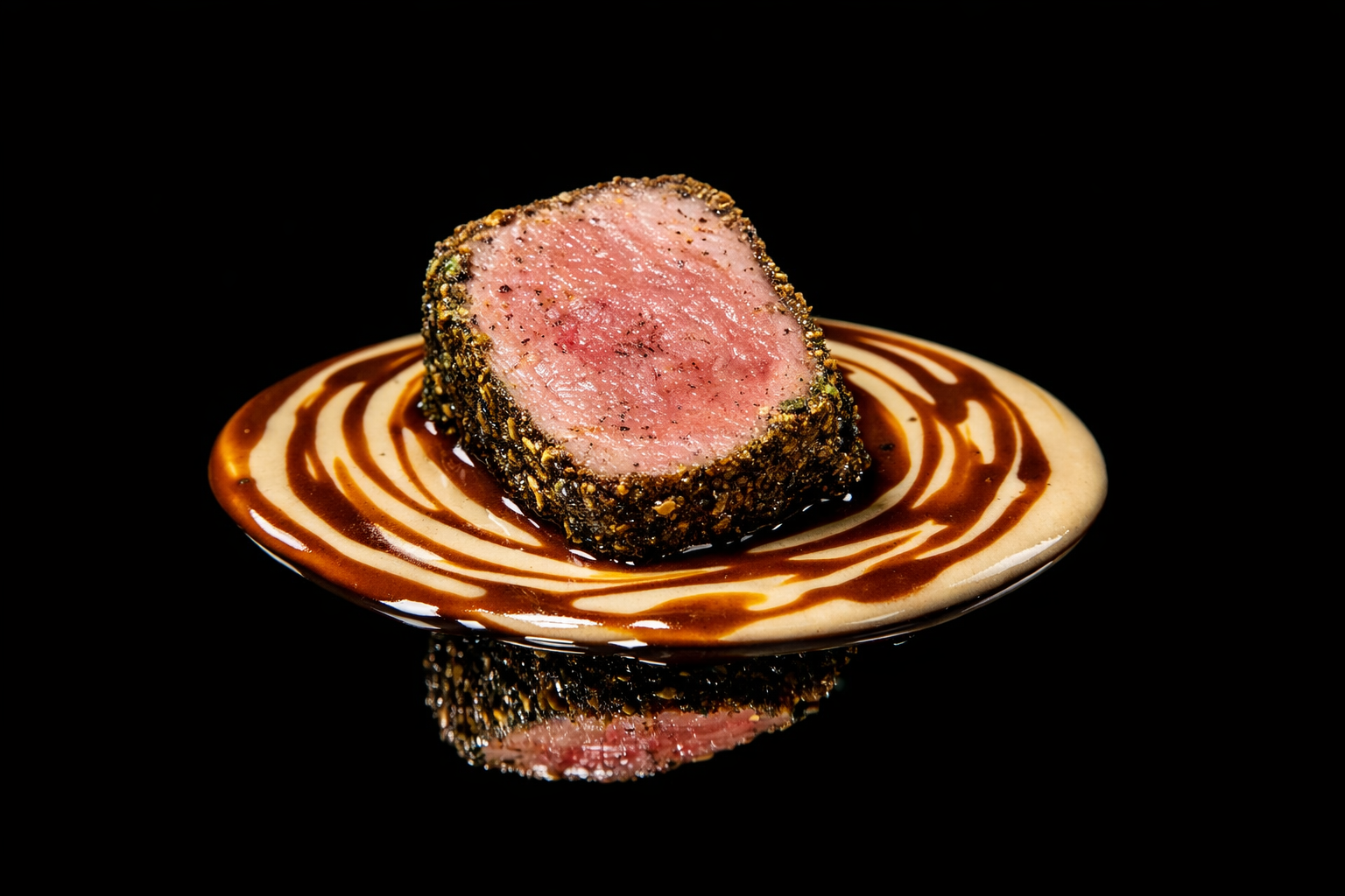 Un steak de thon enrobé d'épices, coupé en tranche, posé sur une sauce crémeuse avec un motif de réduction de sauce soja ou balsamique