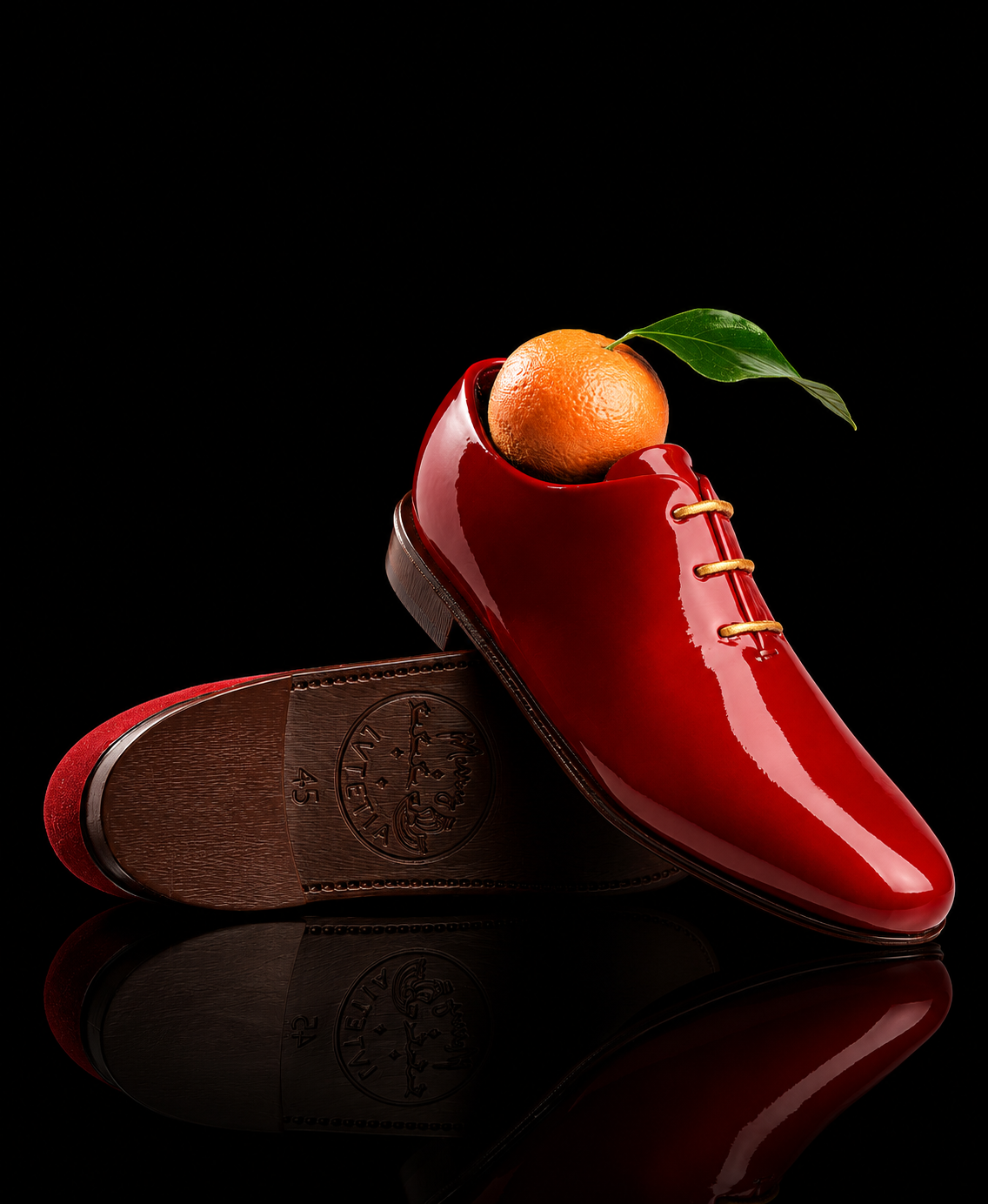 Une chaussure rouge brillante avec une mandarine à l'intérieur, avec une feuille verte attachée, posée sur une surface noire, sur un fond noir.