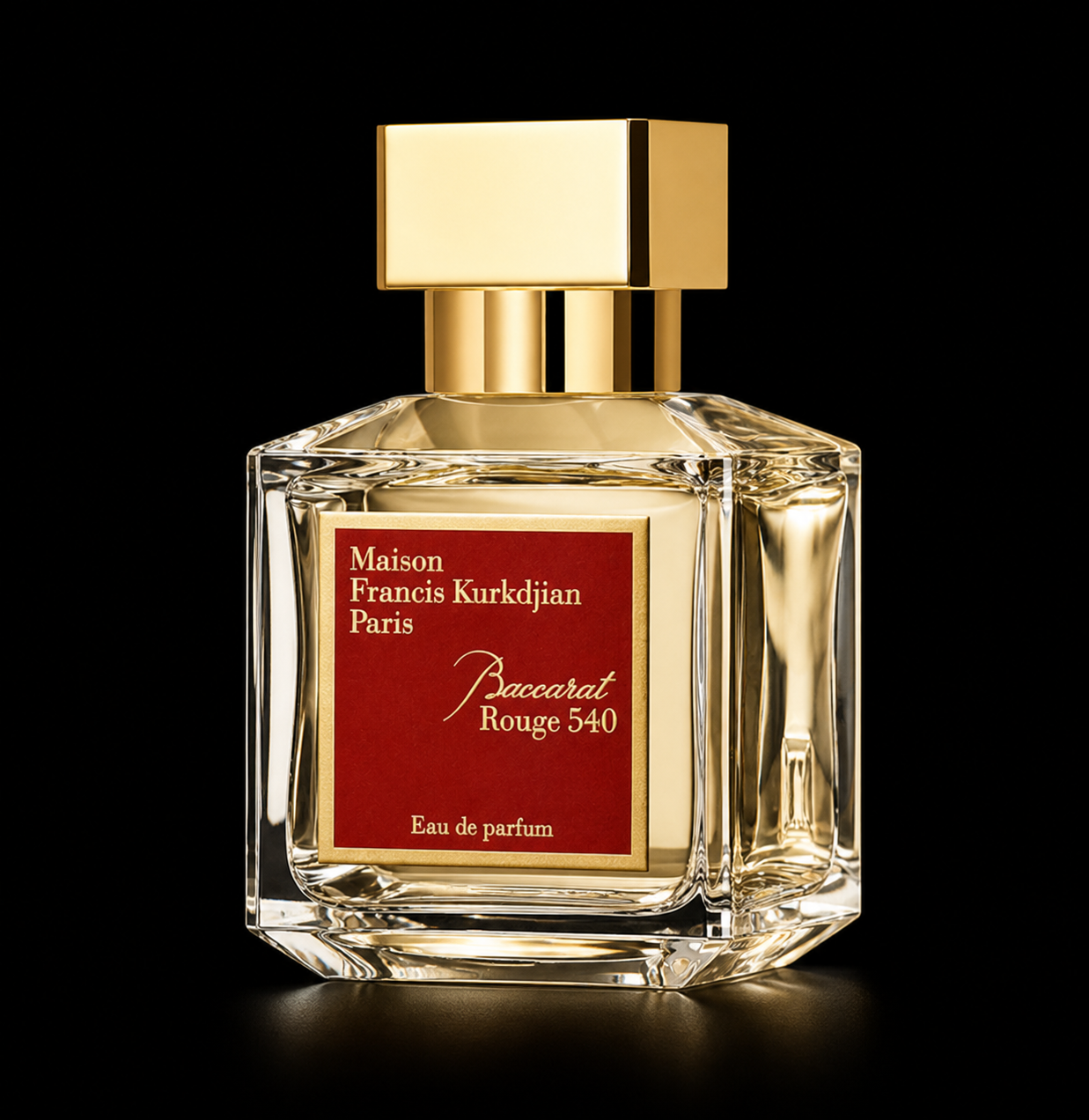 Un flacon de parfum en verre transparent avec une étiquette rouge et or, portant l'inscription "Maison Francis Kurkdjian Paris Baccarat Rouge 540 Eau de parfum" sur un fond noir.