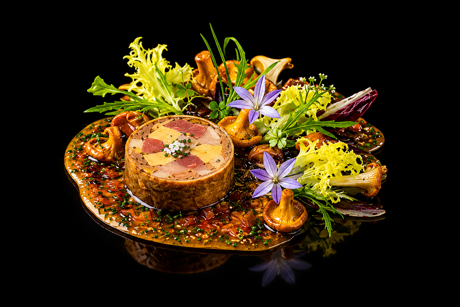 Assiette gastronomique avec un fromage enroulé de viande, décorée de fleurs et de greenery diverses, sur fond noir