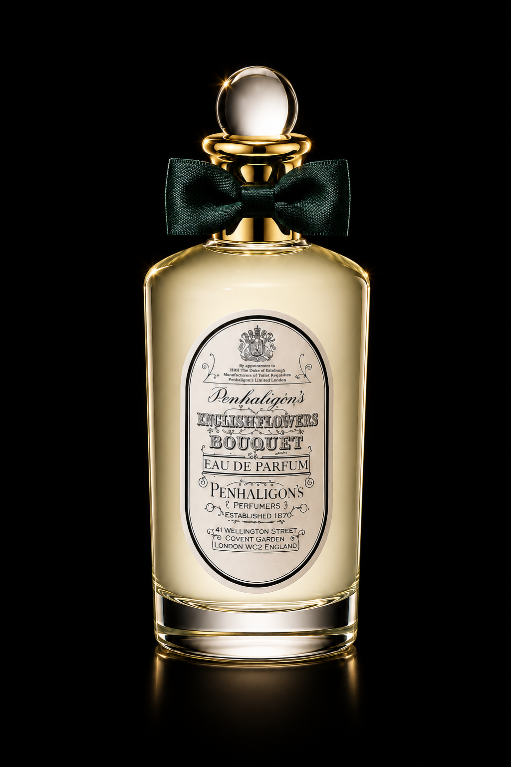 Flacon de parfum clair avec étiquette en anglais, nœud papillon vert foncé, fond noir, mise en valeur élégante.
