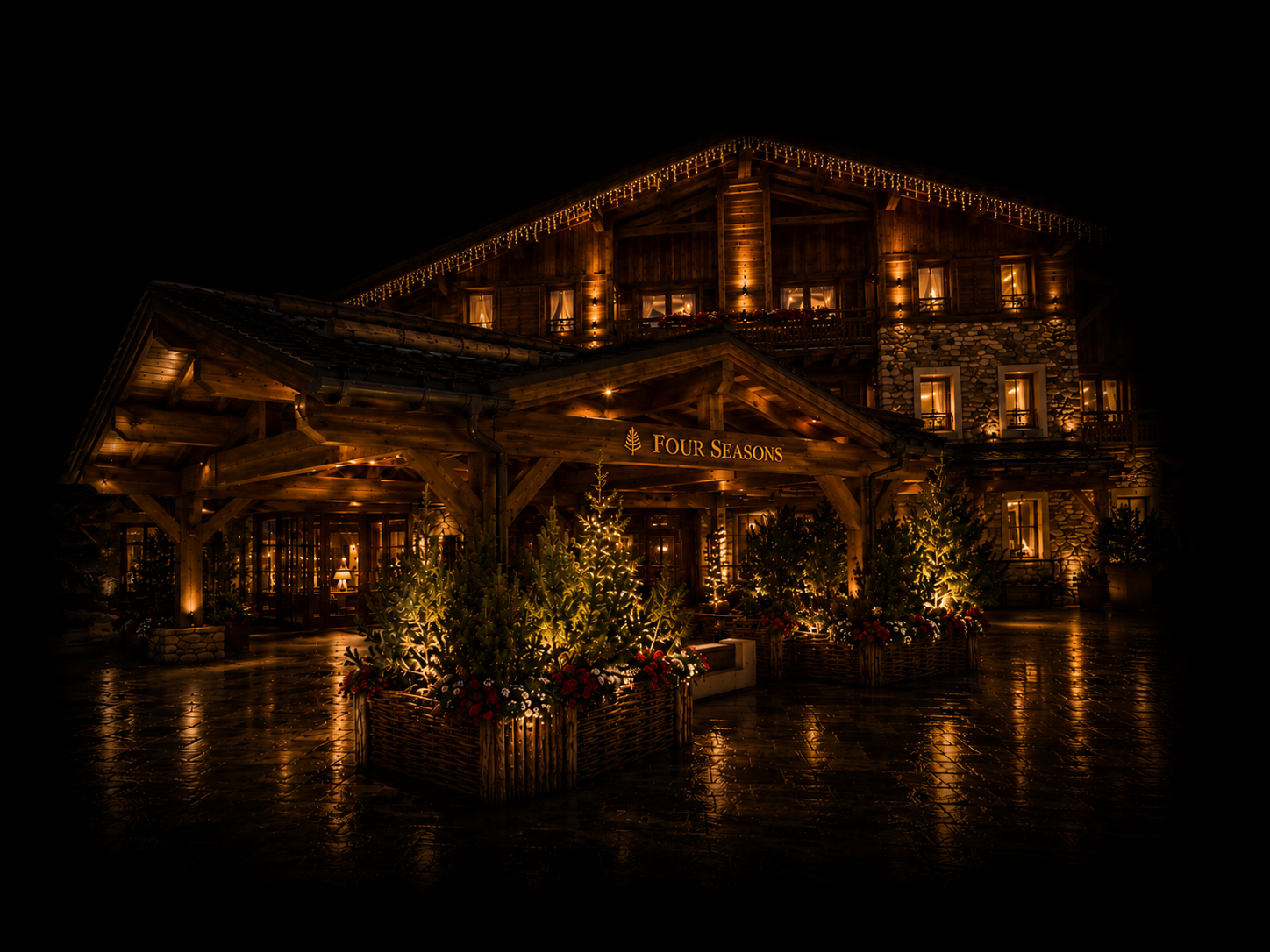 Une bâtisse en bois illuminée la nuit avec des décorations de Noël, sapins et guirlandes lumineuses, portant le panneau 'Four Seasons'.