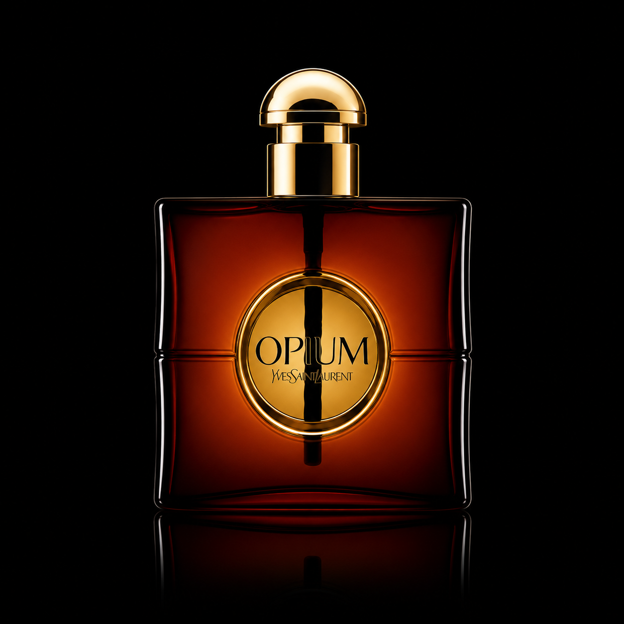 Flacon de parfum Yves Saint Laurent Opium avec un design élégant en verre brun foncé et un bouchon doré, sur fond noir.