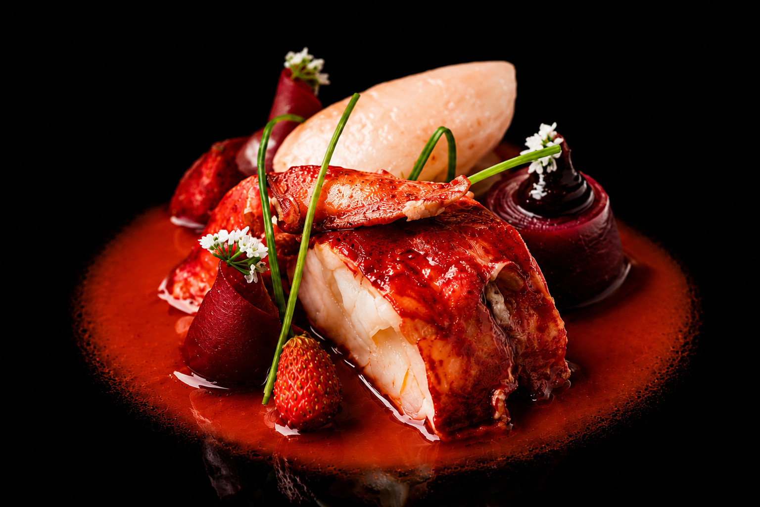Plat de poisson avec sauce, fraises, chapeau de légumes, garniture fleurie, présenté sur un fond noir.