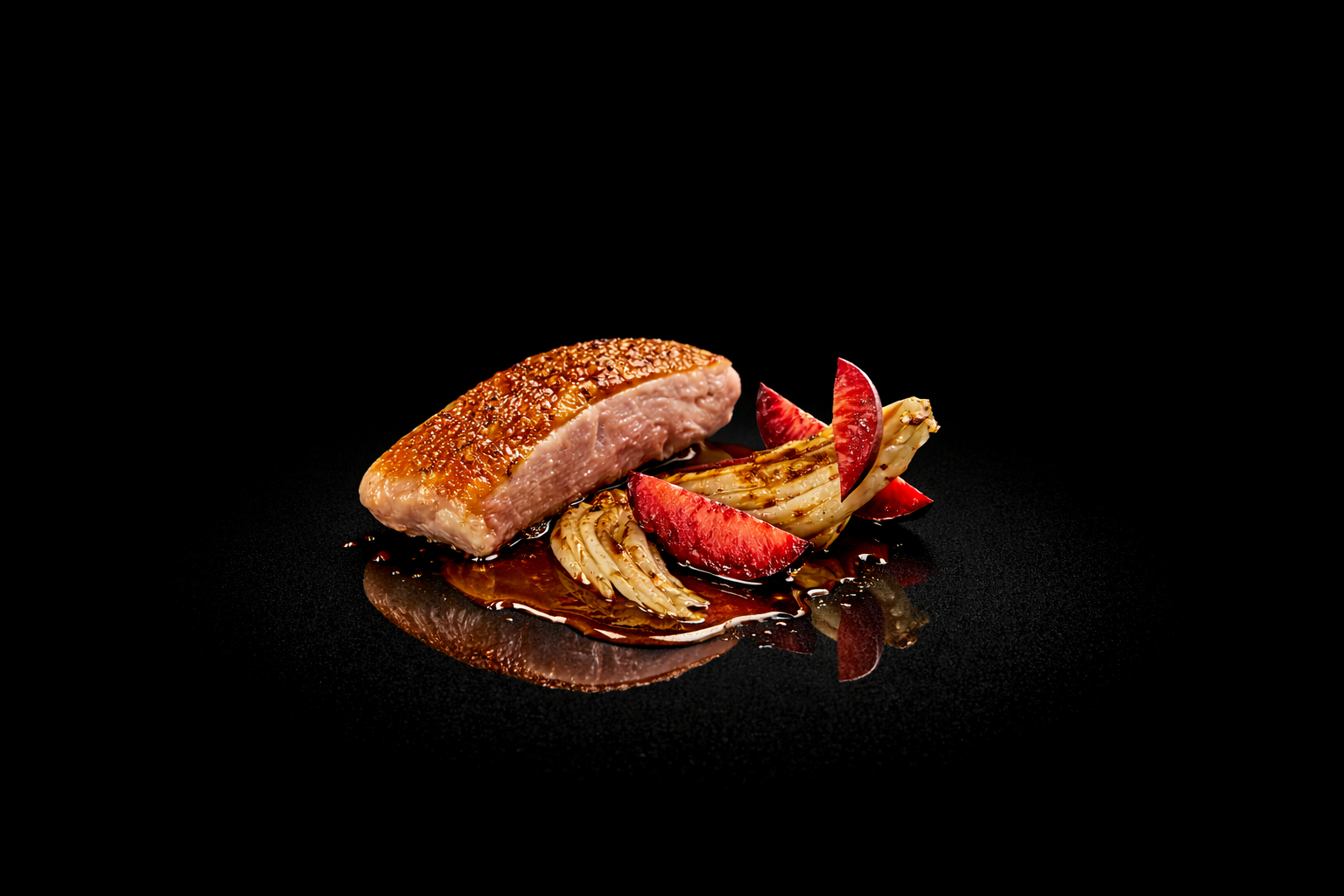 Une assiette gastronomique avec un morceau de viande cuite, accompagnée de légumes et de fruits en sauce, sur fond noir.