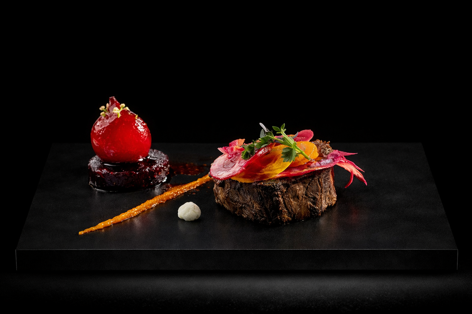 Travail culinaire avec un filet de viande, garniture de légumes, sauce, une compote de fruits avec une fraise, et décoration