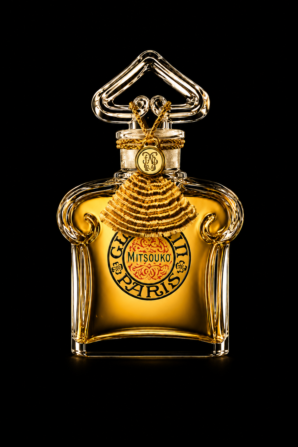 Une bouteille de parfum en verre transparent avec un liquide doré, ornée de bijoux dorés, y compris un pendentif avec l'inscription 'MITSOUKO'.