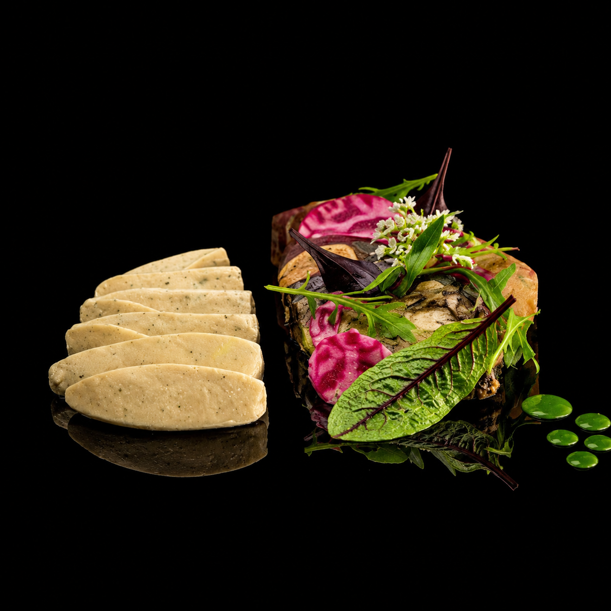 Assiette de poisson cru avec des légumes et des feuilles vertes, accompagnée de biscuits salés, sur fond noir.