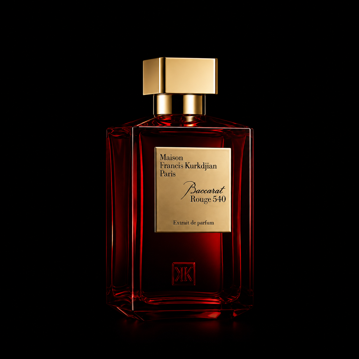 Flacon de parfum rouge avec une étiquette dorée indiquant 'Maison Francis Kurkdjian Paris Baccarat Rouge 540 Extrait de parfum', en fond noir.
