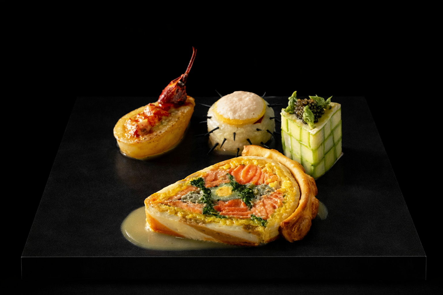 Assortiment de plats gastronomiques avec une quiche aux légumes et au saumon, une tartelette aux légumes, un œuf mimosa, et une coquille Saint-Jacques avec une garniture végétale, présentés sur une surface noire.