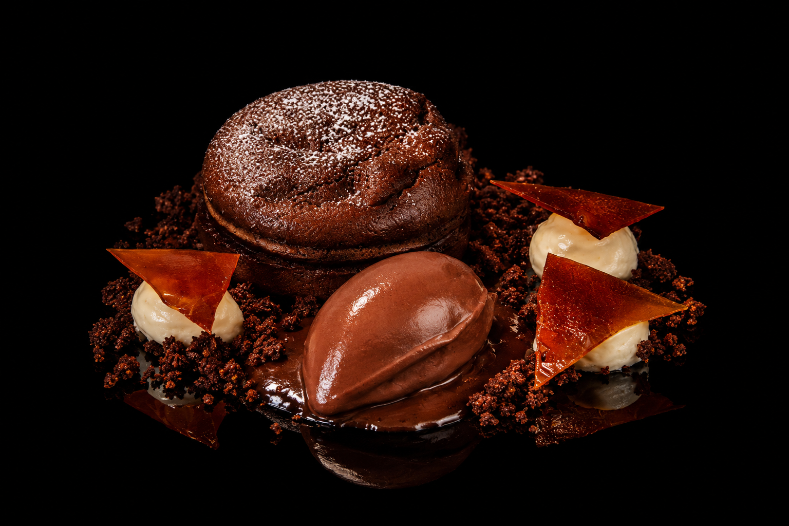 Dessert au chocolat avec un biscuit, une quenelle de glace, et des morceaux de caramel sur un fond noir