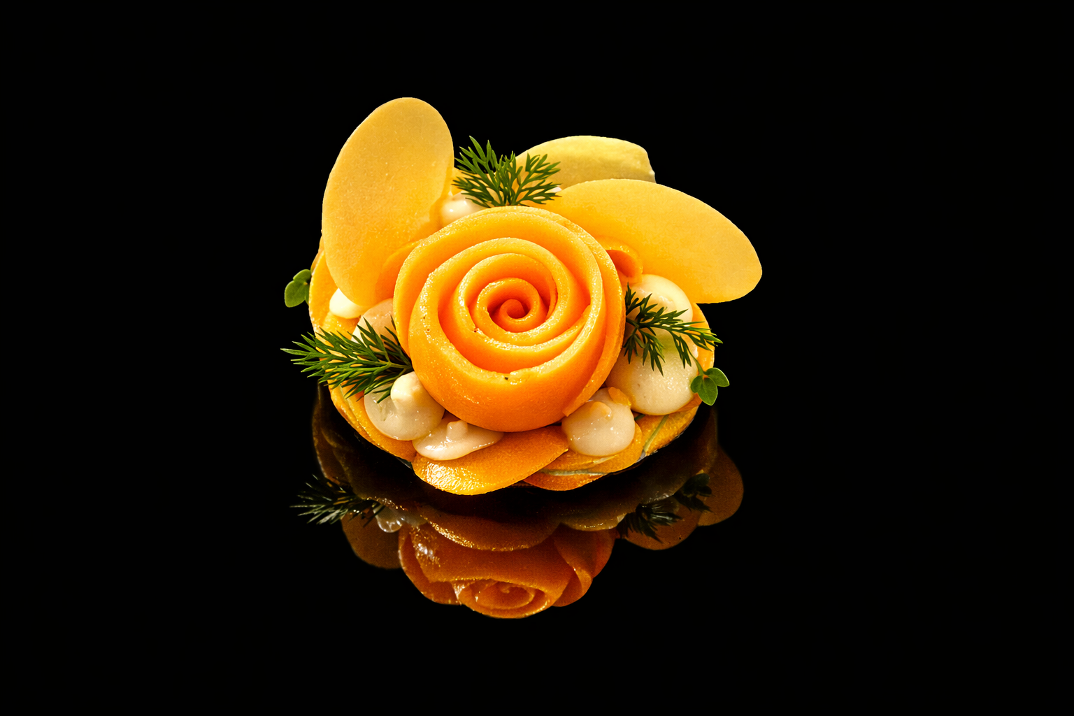 Une décoration culinaire sophistiquée avec une rose en mangue, des feuilles de thym, des tranches de mangue, et des petits cubes blancs, sur fond noir