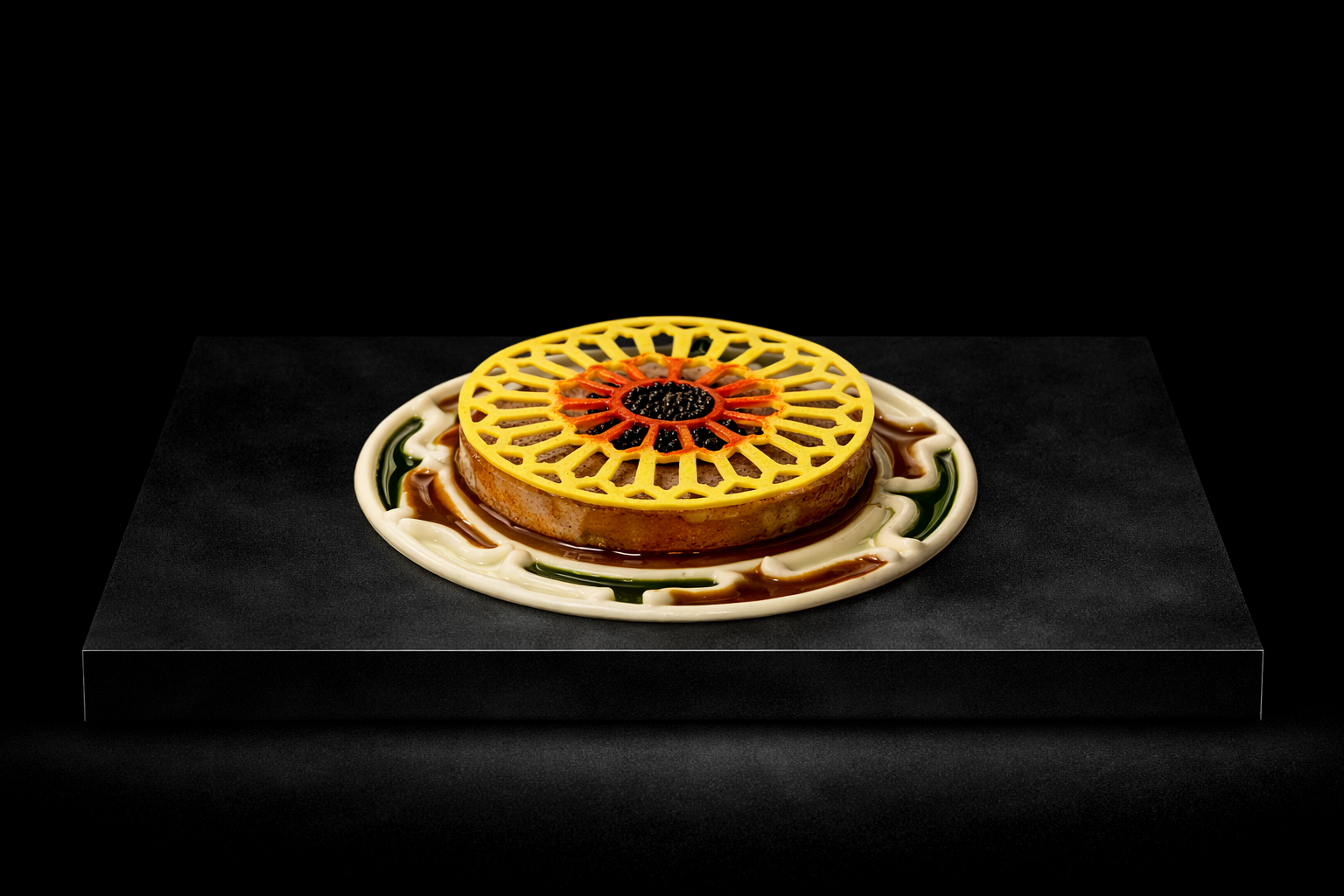 Un plat décoratif avec une rondelle d'agrumes enplastique colorée, posée sur une base de soupe ou sauce, présentée sur une assiette noire.