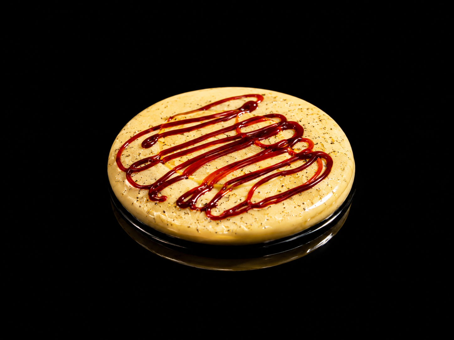 Dessert au chocolat blanc décoré de caramel et de poivre noir.