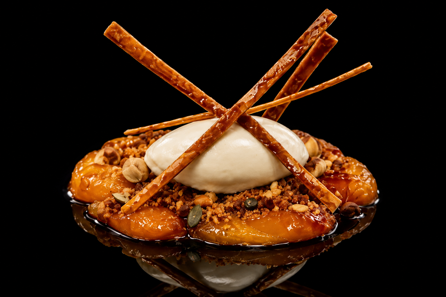 Dessert avec des fruits caramélisés, une boule de glace ou crème, et des garnitures croustillantes, décoré avec des bâtons en chocolat.