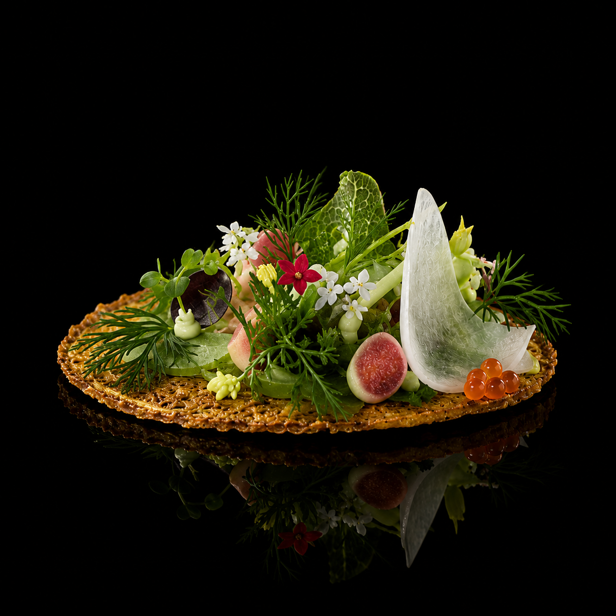 Plat gastronomique décoratif avec des légumes, des herbes, des fleurs comestibles et une fine galette croustillante, posé sur un fond noir.