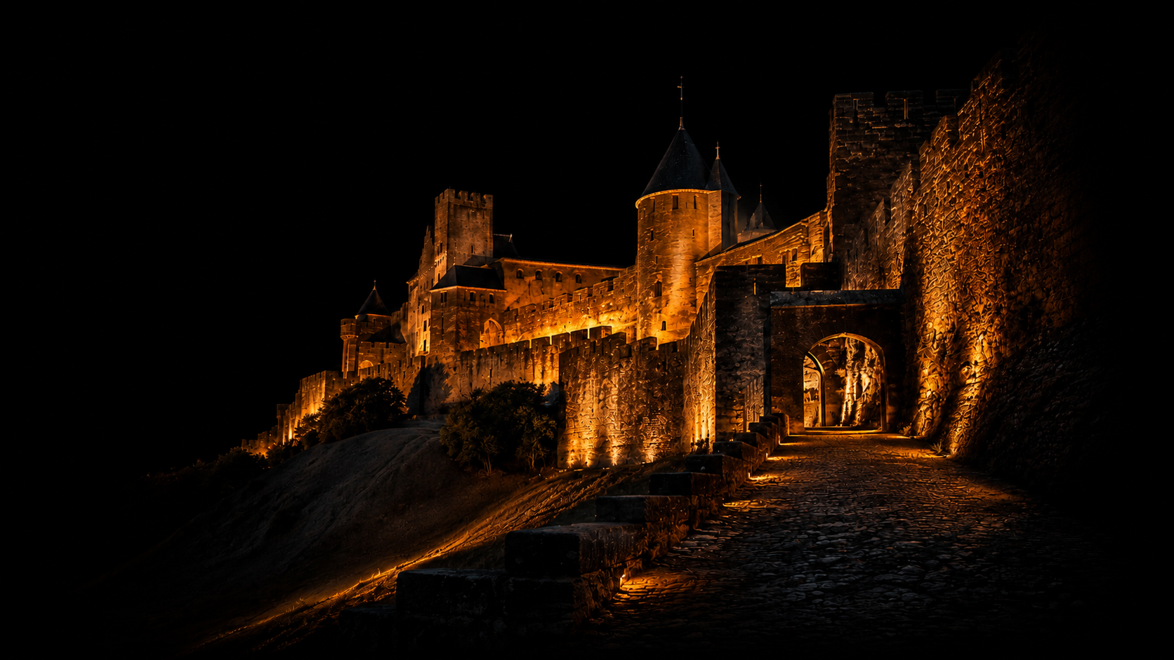 Un château médiéval illuminé de nuit, avec des murs en pierre et une entrée sous un arc, situé sur une colline avec une voie pavée en avant.