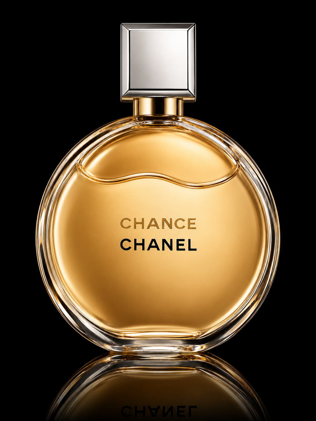 Une bouteille de parfum Chanel Chance, de forme ronde avec un bouchon carré argenté, contenant un liquide doré, sur un fond noir.