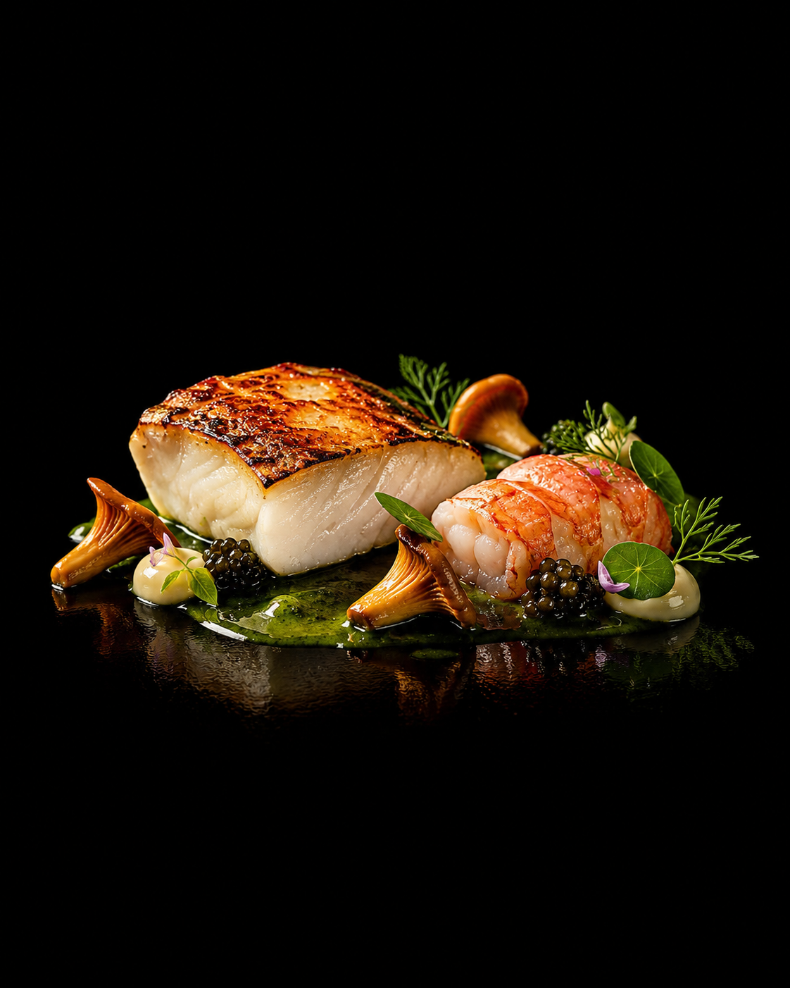 Assiette sophistiquée avec filet de poisson grillé, crevettes, champignons, caviar, et garnitures végétales sur fond noir.