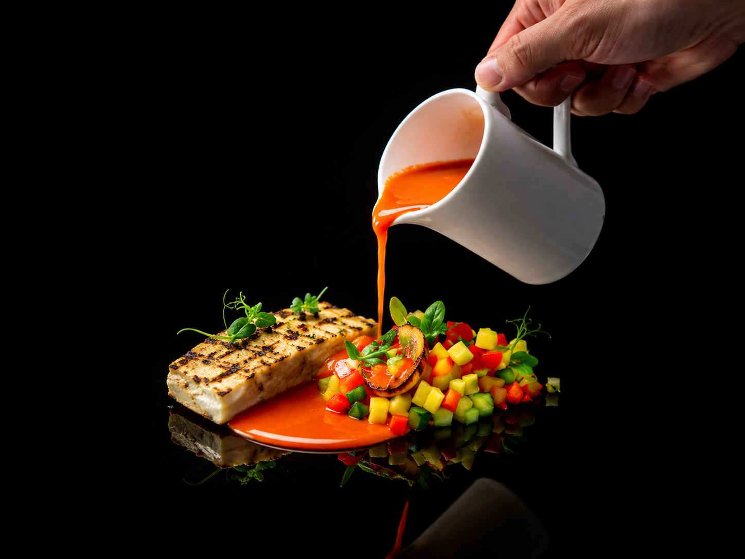 Une assiette de poisson grillé avec une sauce versée dessus, accompagnée de légumes coupés en dés, sur un fond noir.
