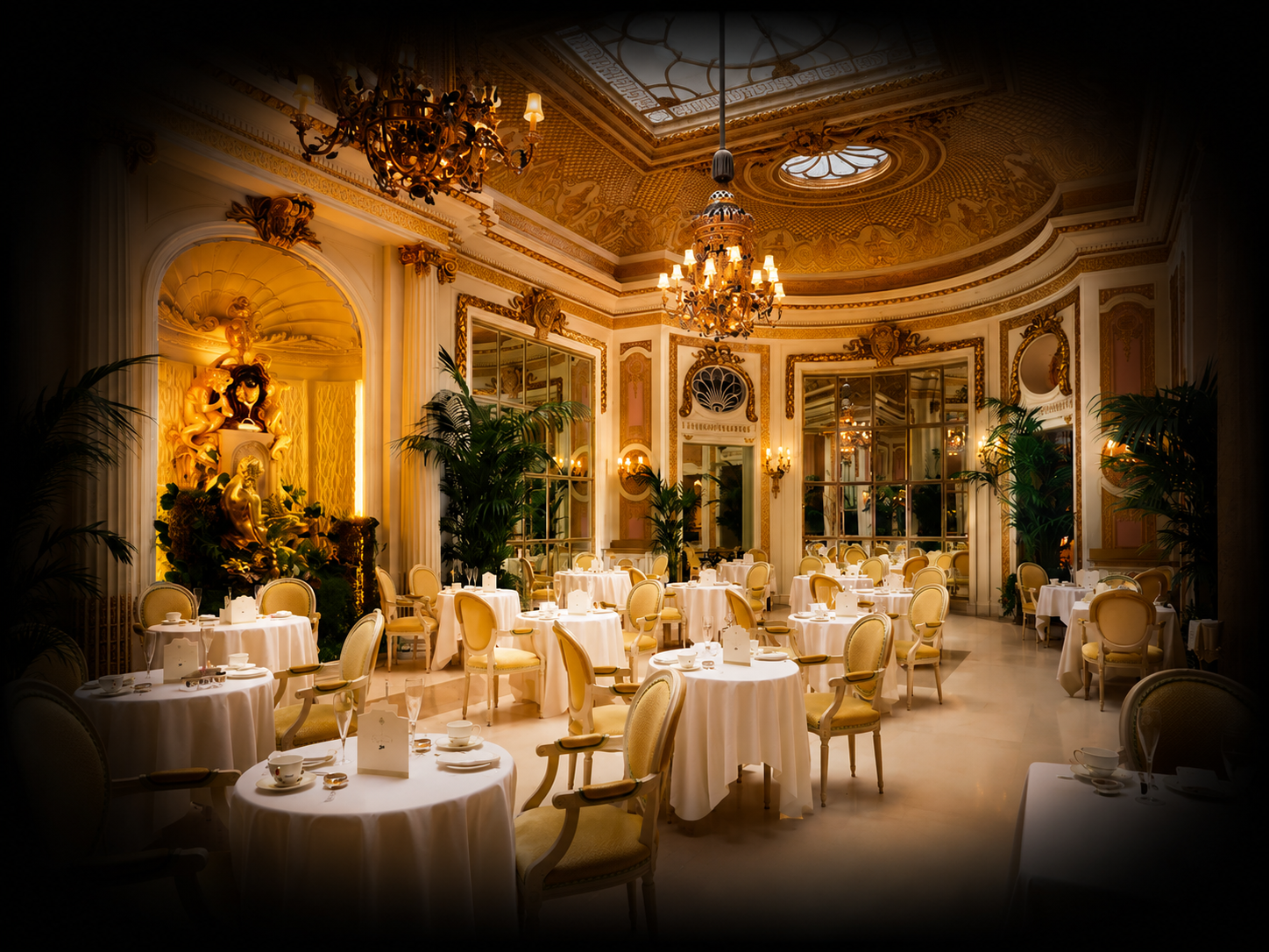 Salle à manger élégante avec des tables rondes en drap blanc, des chaises capitonnées dorées, chandeliers en or, décorations classiques en or, miroirs et plantes vertes dans un intérieur luxueux avec plafond orné.