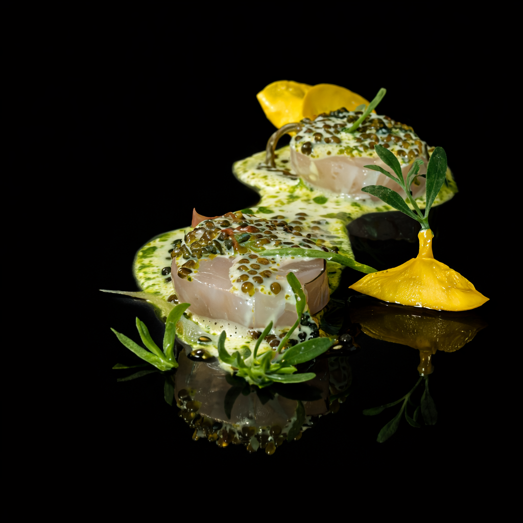 Deux pétoncles servis avec une sauce verte, des graines et des fines herbes, accompagnés de décorations de feuilles vertes et de fleurs jaunes, sur un fond noir.