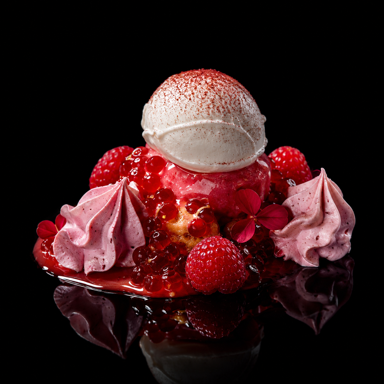 Dessert avec sorbet à la vanille, fruits rouges, meringues roses, et fleurs rouges, sur une surface noire reflective