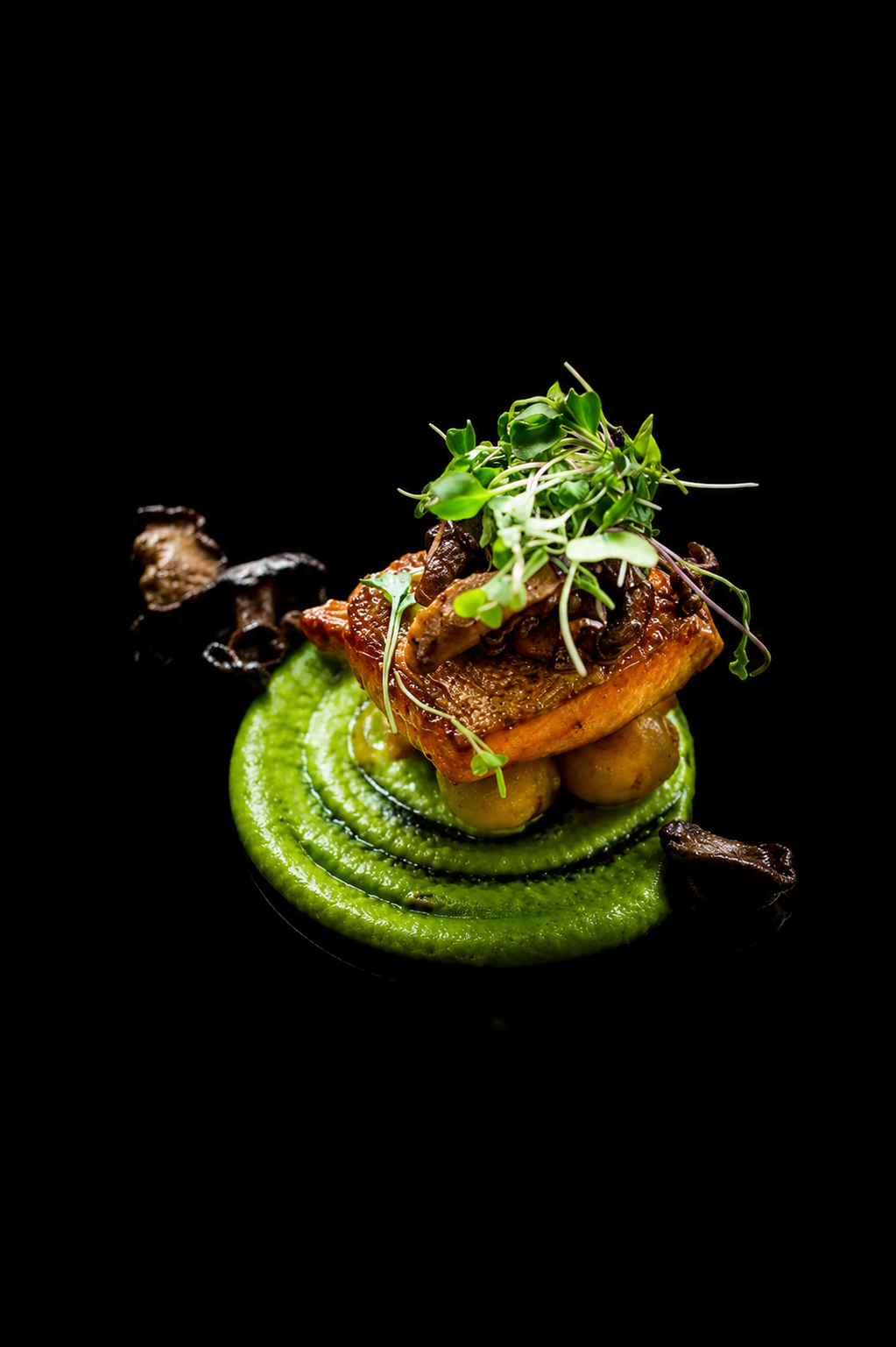 Assiette gastronomique avec une viande garnie de micro-pousses, accompagnée de légumes verts et champignons, présenté sur un fond noir