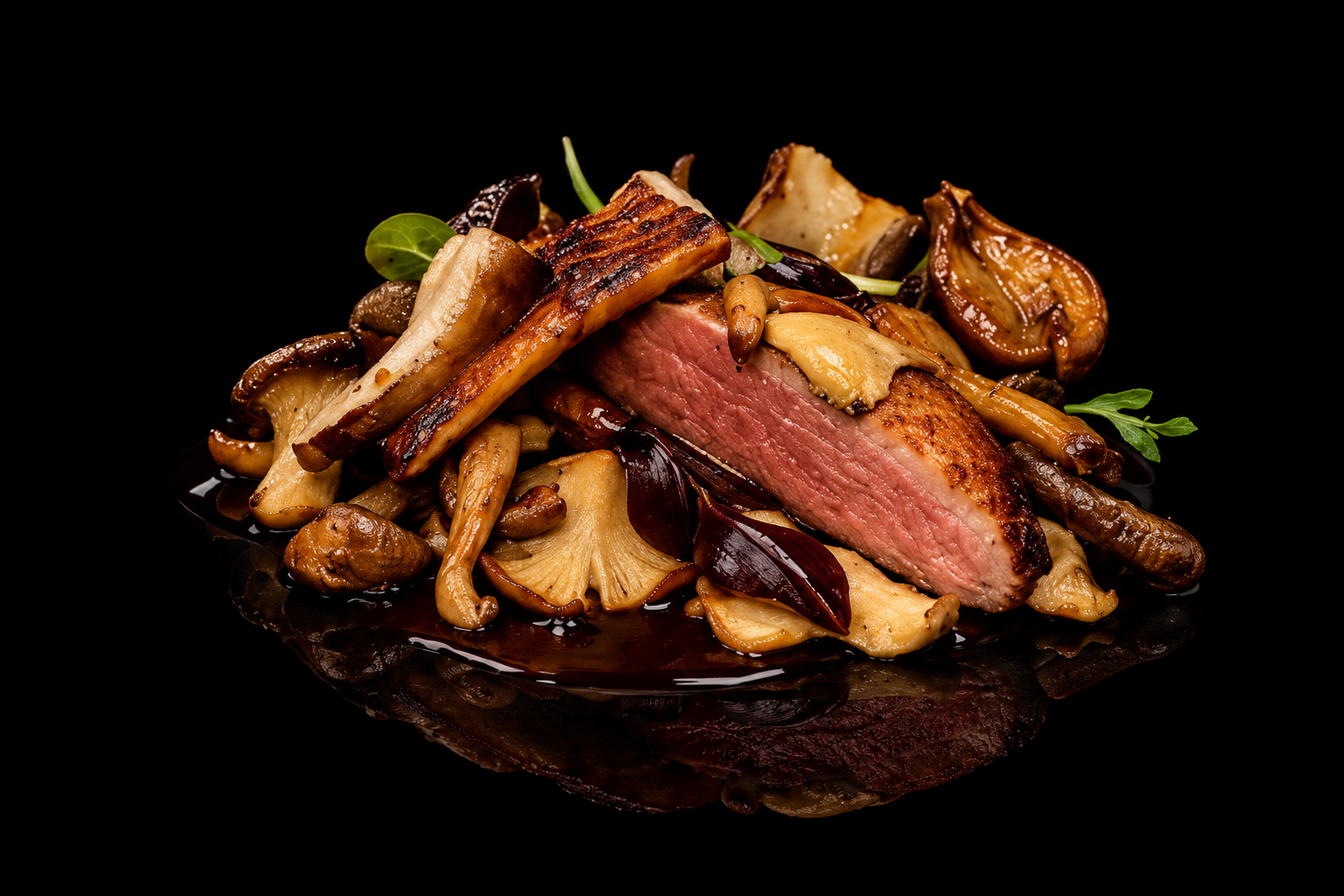 Steak de boeuf cuit à point avec champignons sauvages et verdure, présentation gastronomique.