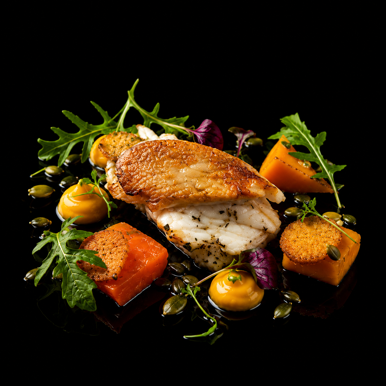 Assiette de poisson avec légumes, graines et herbes, présentée sur un fond noir.