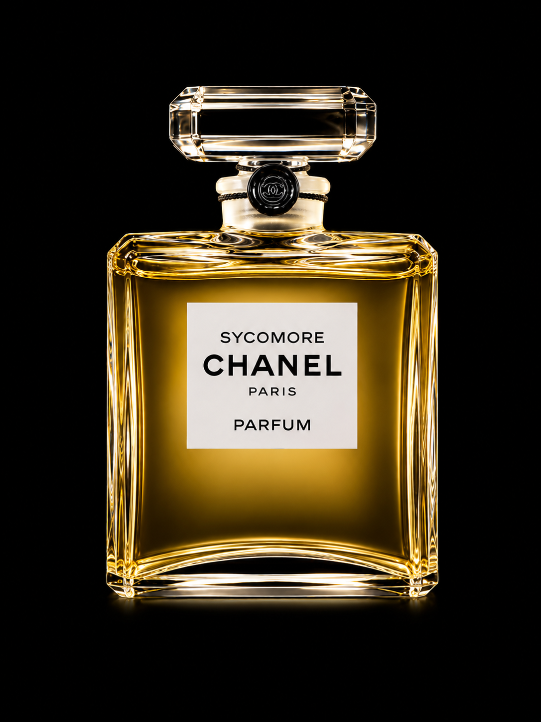 Flacon de parfum de luxe de la marque Chanel, nommé Sycomore, avec un design en verre transparent et un liquide doré à l'intérieur, sur fond noir.