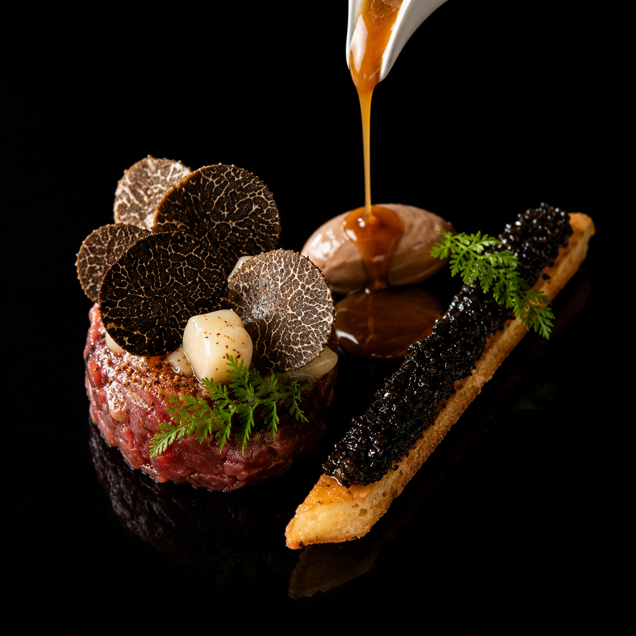 Gâteau avec tranches de truffe noire, coquille d'agneau, sauce caramel, et un toast garnis de caviar et de verdure, présenté sur fond noir.