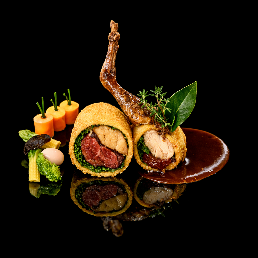 Assiette gastronomique avec un rouleau de viande farcie, une cuisse d'oiseau, des légumes et une sauce.