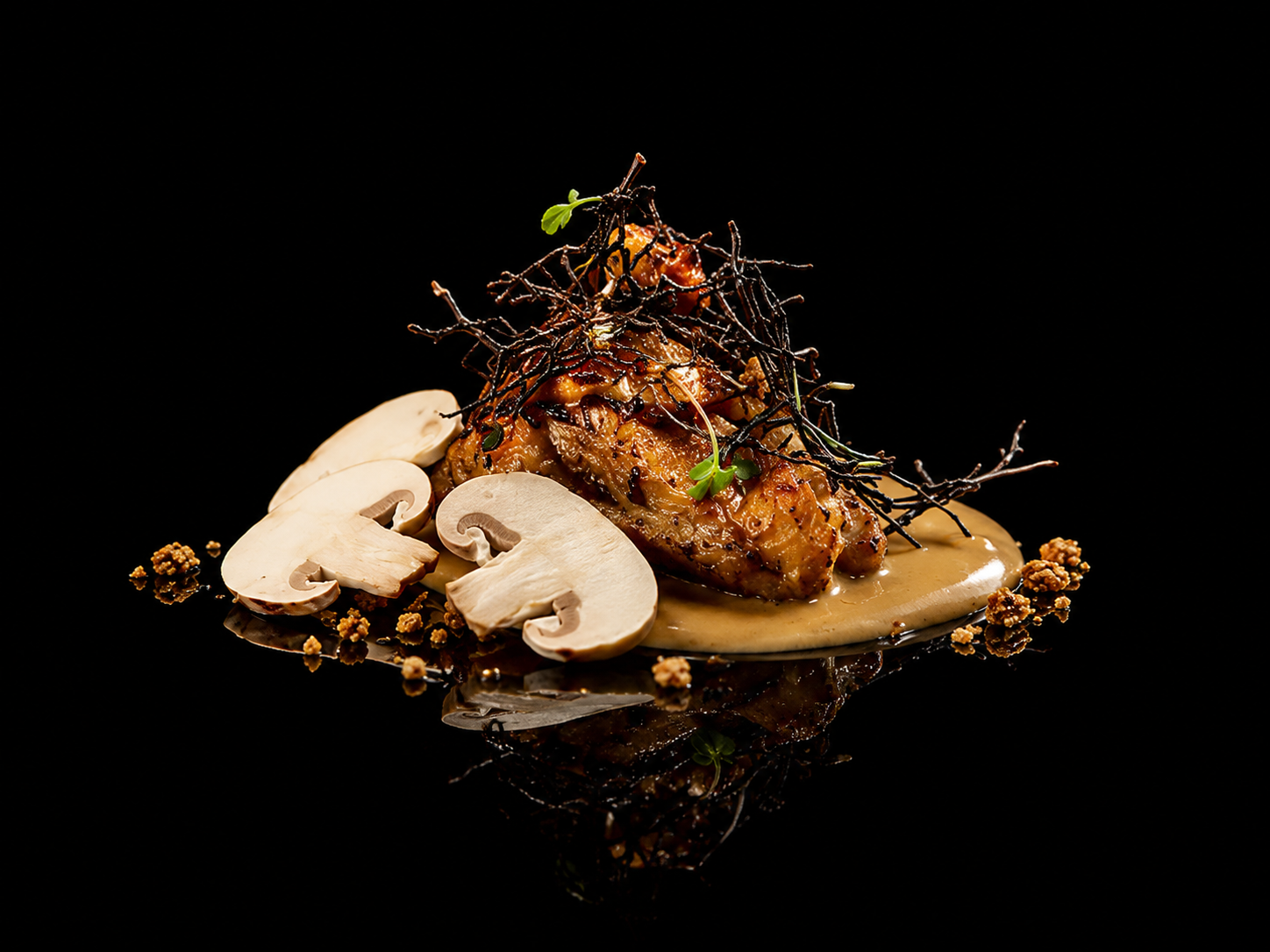 Plat gastronomique avec une pièce principale garnie de croustillants et de petites feuilles vertes, accompagnée de champignons tranchés, de sauce beige et décorée de branches fines et de petits granules, sur fond noir.