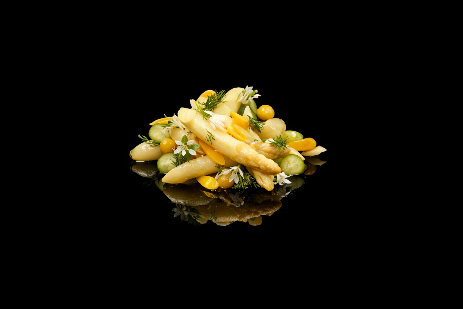 Plate de légumes blanchis avec asperges, courgettes, petits pois, fleurs comestibles et herbes, sur fond noir.