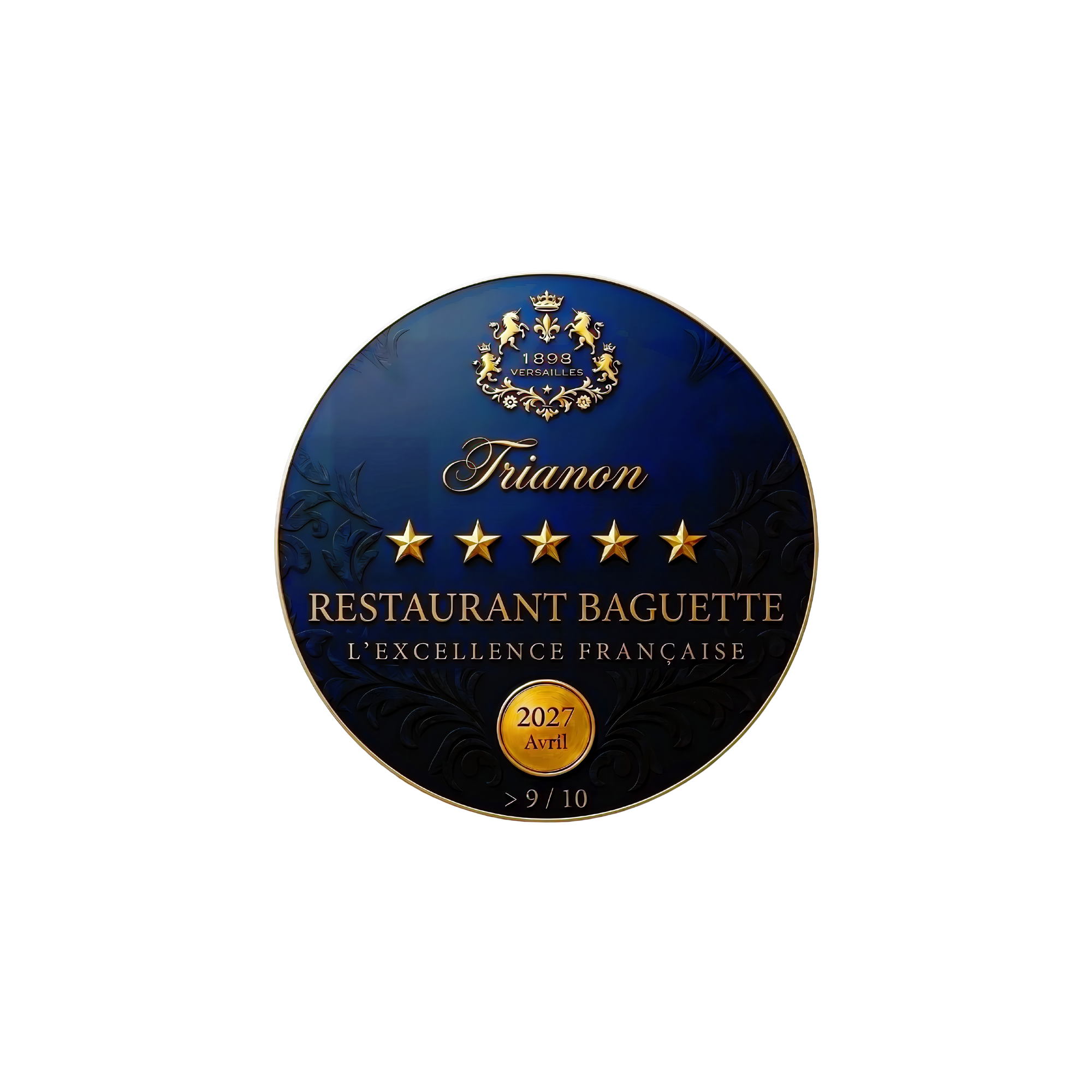 Certificat de reconnaissance pour un restaurant de baguette, avec une étoile dorée, daté d'avril 2027, attribué à Trianon, avec une note supérieure à 9 sur 10, en français.
