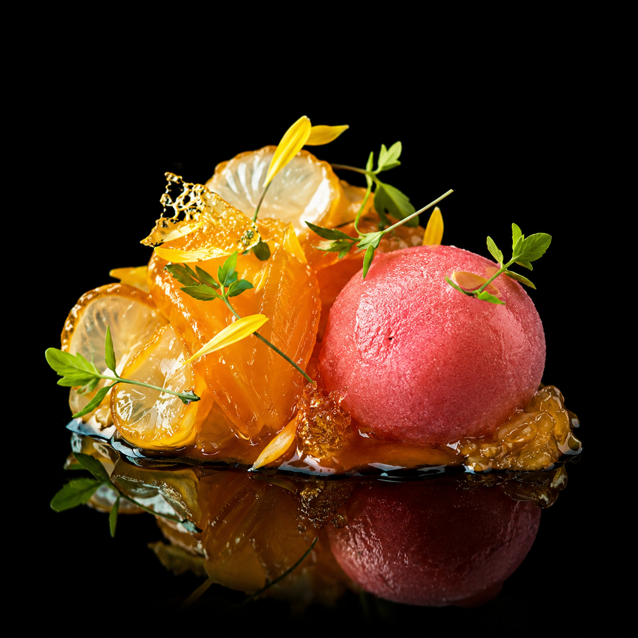 Dessert avec une boule rose, des morceaux d'agrumes et des herbes fraîches sur fond noir.